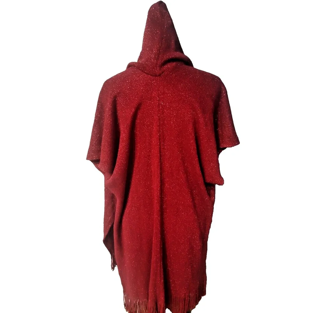 Women's Red Poncho Hooded‎ Knit Shawl whit Ruffle.